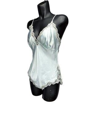 LINDA VTG Lingerie Light Blue Lace Trim Satin Teddy Romper Size S/M